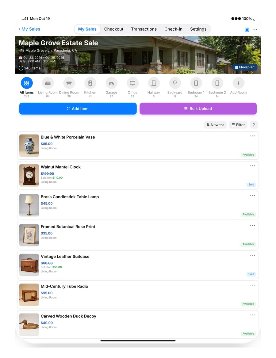 EstateSail inventory on iPad: photographed items with researched prices ready for labeling