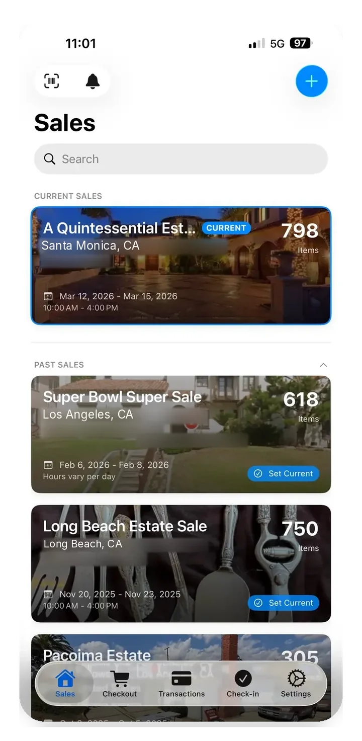 EstateSail sales home showing active in-person and online sale options for the same inventory