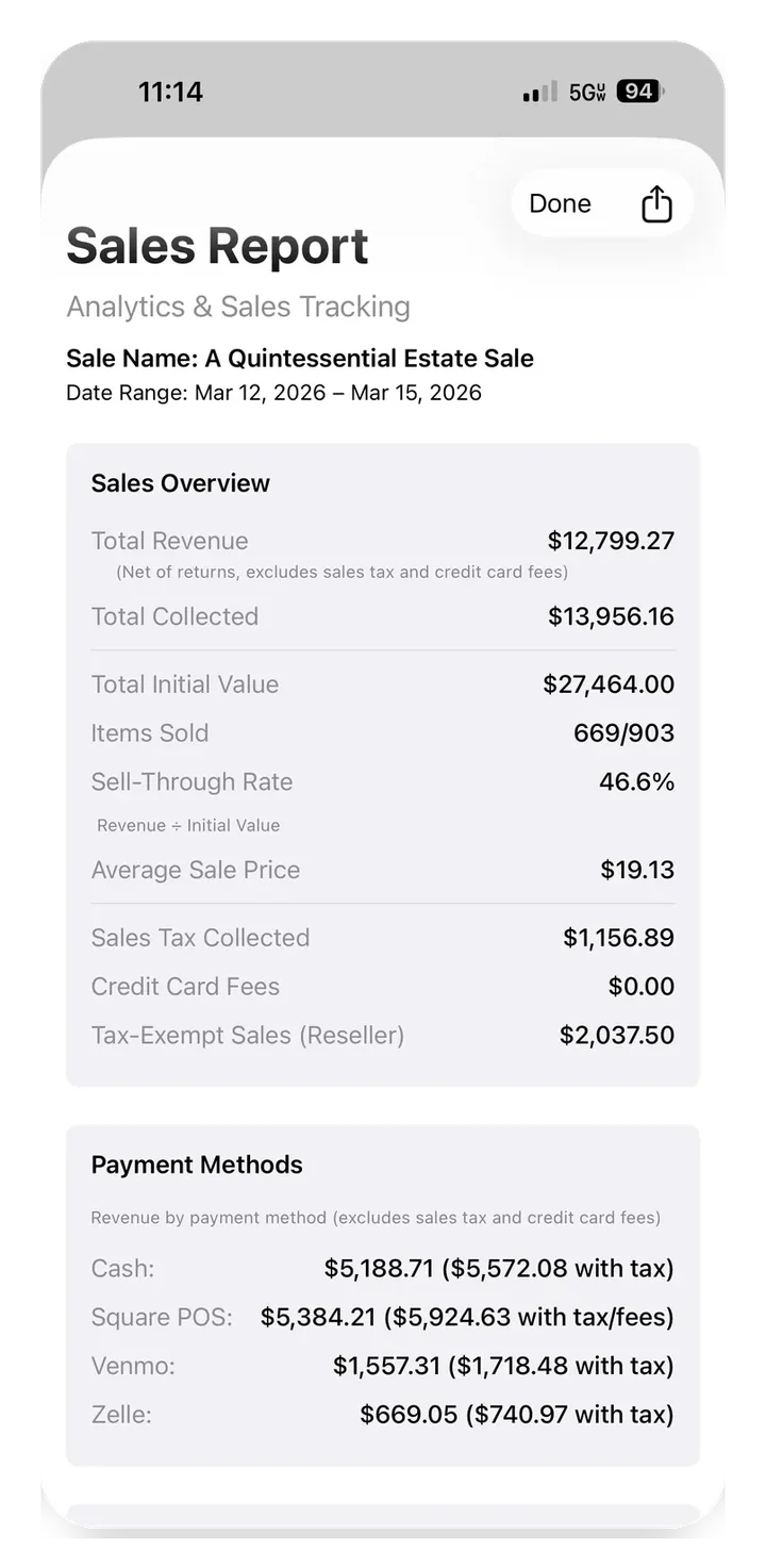 EstateSail sales report screen showing itemized totals used for the client settlement
